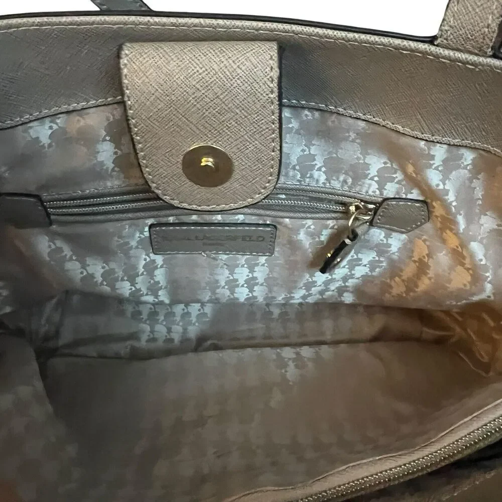 Karl Lagerfeld Paris Taupe Gray Saffiano Leather Satchel Double Handles